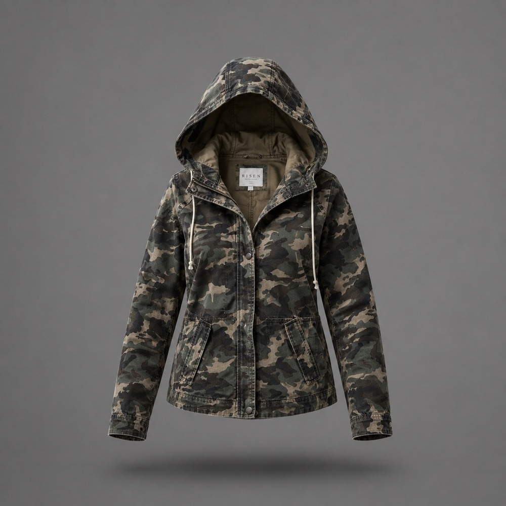 Risen Los Angeles Womens Camo Hooded Denim Jacket RDJ9269 Green Large NWT
